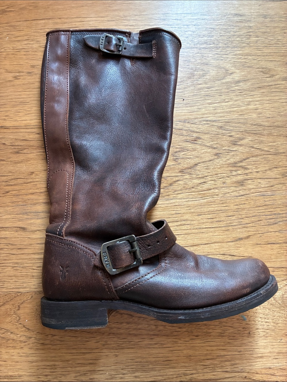 Frye women’s harness/moto boot in brown leather